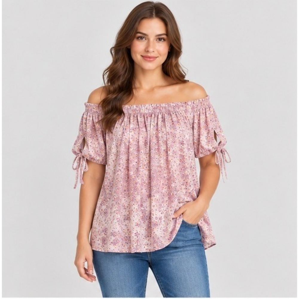2L Pronto Moda SRL Women XL Pink Flowy Top Daisy Floral Cotton Linen Boho Blouse